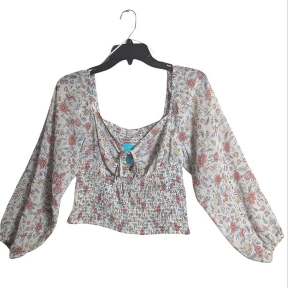 Love Tree Smocked Crop Top Off White Coral Yellow Floral Peasant Blouse M - Picture 3 of 7